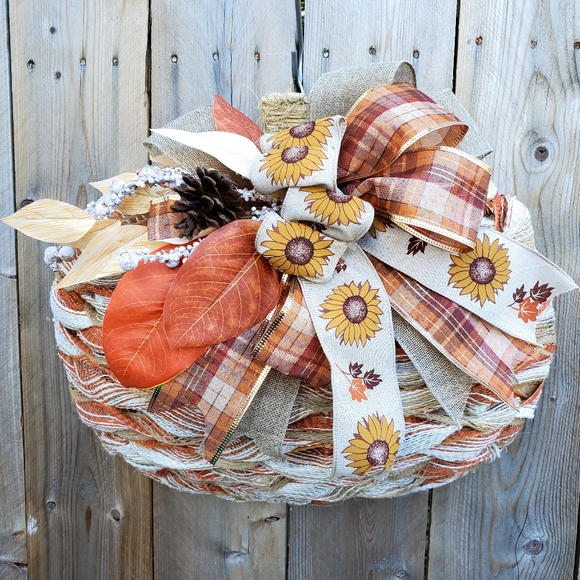 Handmade Ribbon Weaved Fall Rustic Farmhouse Hang Pumpkin - Picture 1 of 4